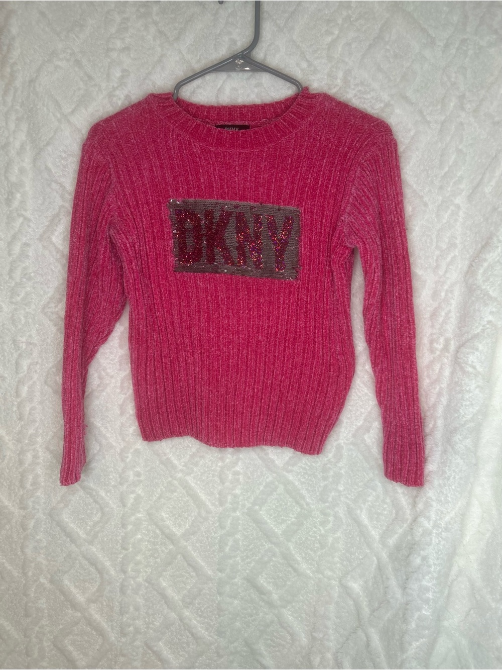 DKNY Hot Pink Ribbed Crewneck Sweater with Sequin Logo